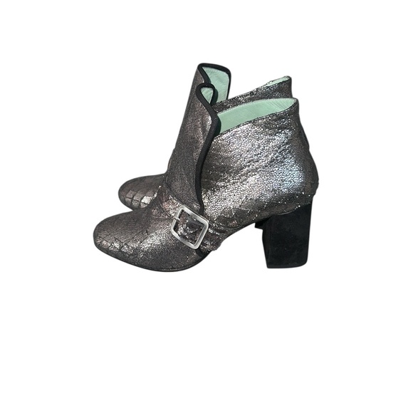 Anthropologie Paoli Arcana metallic Silver Ankle Boots Buckle velvet block heel - Picture 3 of 5